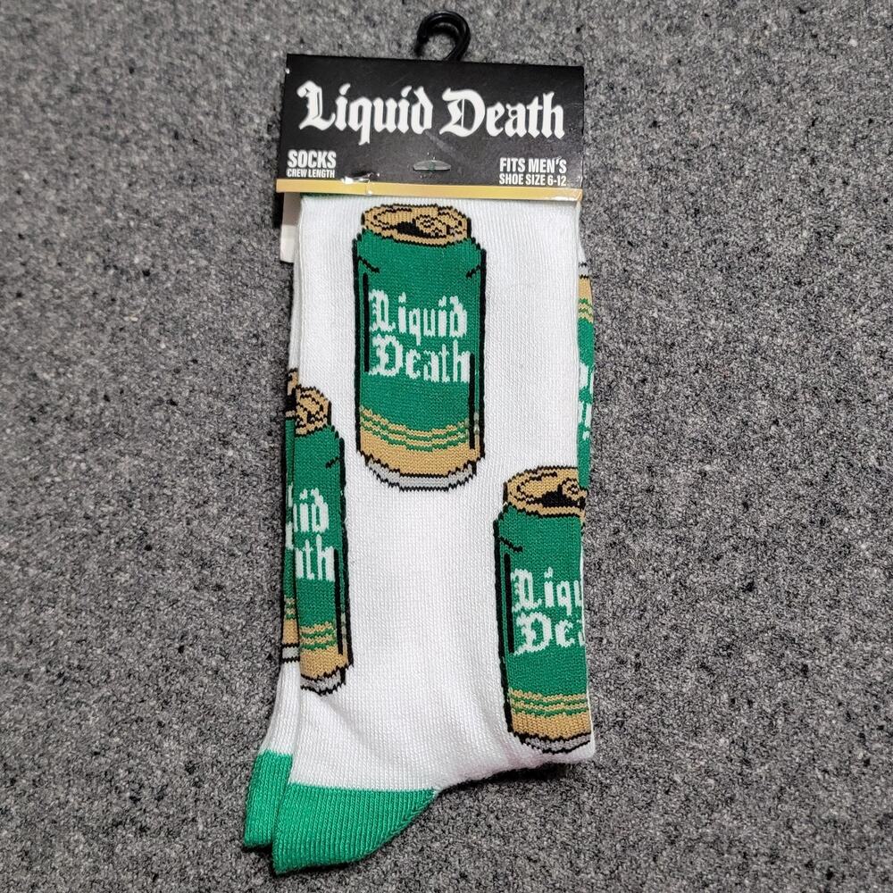 Liquid Death Socks Mens 6-12 White Green Crew Odd Sox Adult NEW